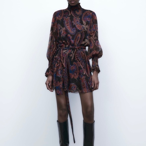 Zara Black Chiffon Floral Paisley Printed High Neck Mini Dress Size Small - Picture 3 of 9